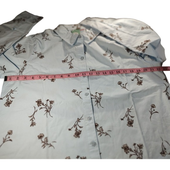 New National Button Up Blouse Top Blue Brown Floral Stretch Womens Petite Large - Picture 11 of 11